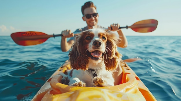 Hombre y su leal perro en kayak juntos en un día soleado Tiempo de ocio aventura al aire libre con mascota Actividad deportiva acuática capturada en colores brillantes IA