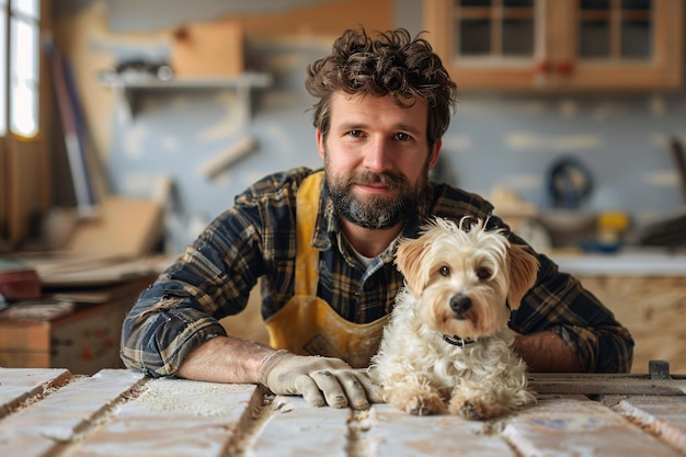 El hombre y su pequeño cachorro dorado renovando su residencia