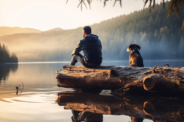 Un hombre y su perro al lado del lago mirando la escena tranquila de la puesta de sol tranquila y serena