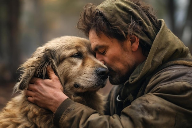 Un hombre y su perro se besan y la palabra "en la cara".