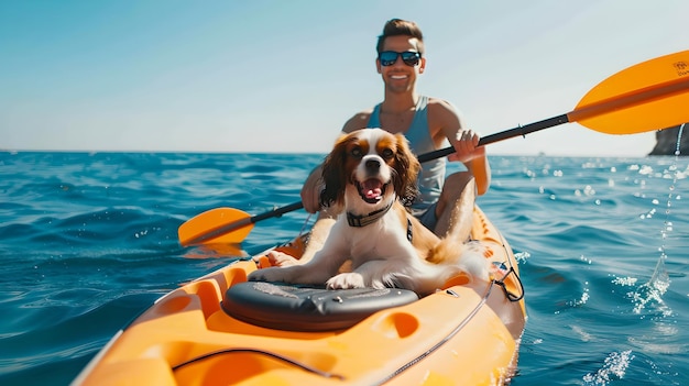Hombre y su perro disfrutan de la aventura en kayak en un día soleado Unirse en la naturaleza Estilo de vida Deporte acuático Actividad de IA