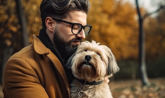 Hombre con su perro jugando en el parque Propietario abraza a su mascota IA generativa