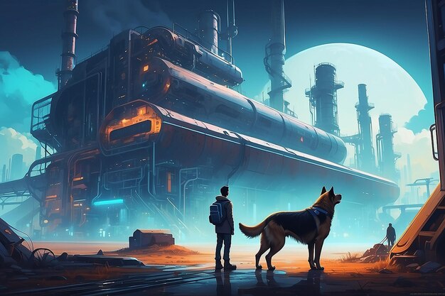 Foto hombre con su perro mirando la pintura de ilustración de estilo de arte digital de la fábrica futurista