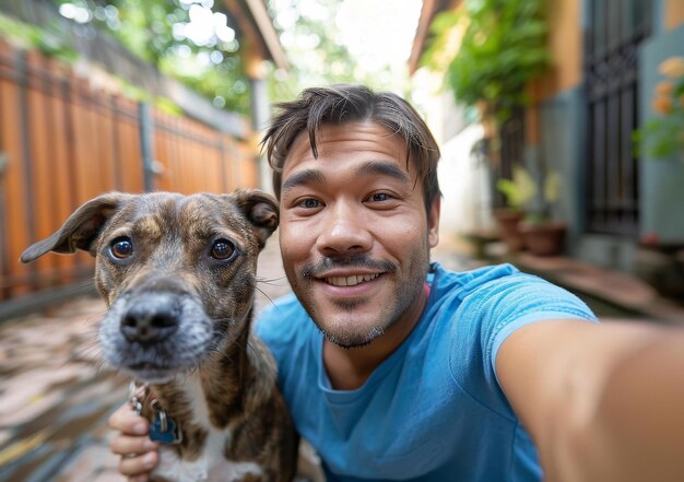 Un hombre y su perro se toman una selfie juntos