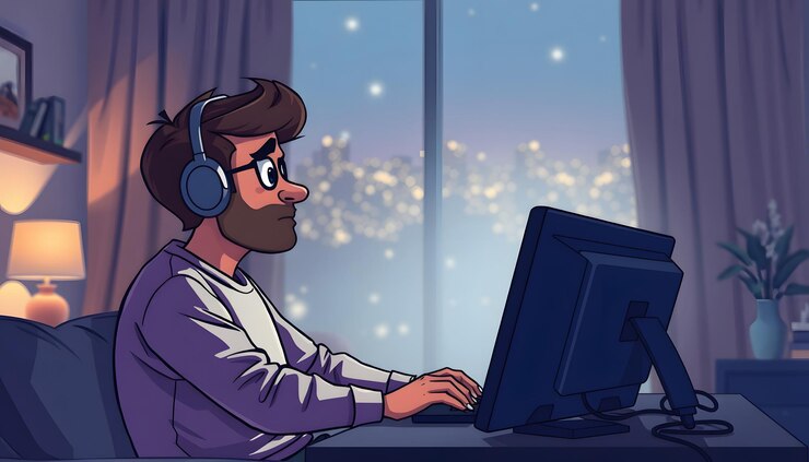 Foto hombre en su poderosa computadora pc en la sala de estar tarde en la noche perdiendo un juego aislado con blanco