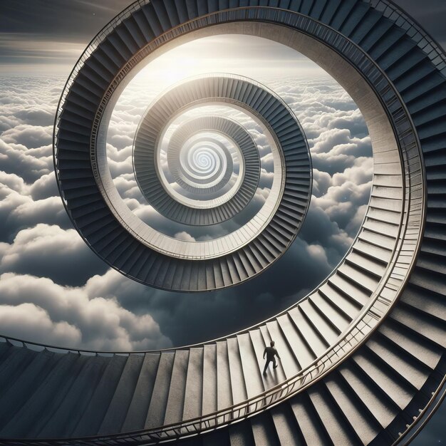 Foto hombre sube al cielo en una escalera de espiral circular