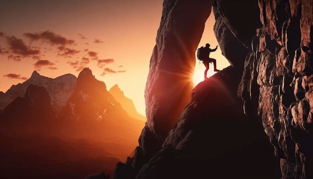 El hombre sube al escalador en la pared de roca al atardecer IA generativa