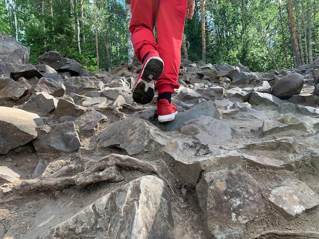 Foto el hombre sube cuesta arriba en el camino rocoso de la montaña del bosque el hombre sube la colina