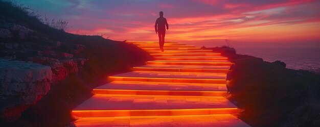 Foto un hombre sube una escalera brillante después de la puesta del sol