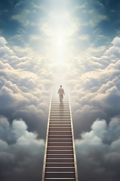 Un hombre sube las escaleras al cielo contra el cielo azul y las nubes orientación vertical