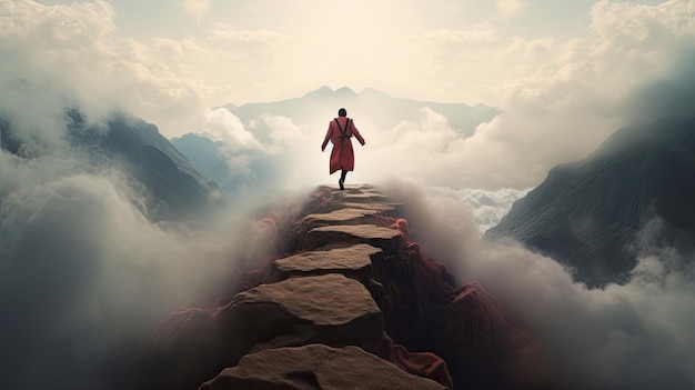 un hombre sube una montaña con una túnica roja en la espalda.