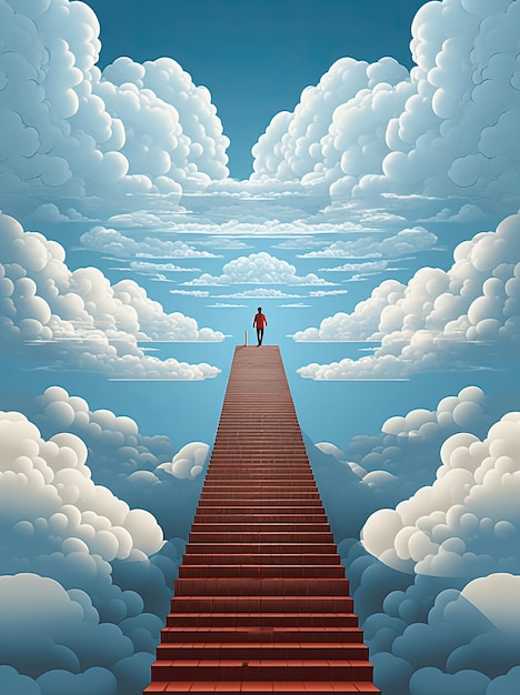 Foto hombre subiendo enormes escaleras a un cielo azul eternidad motivación éxito
