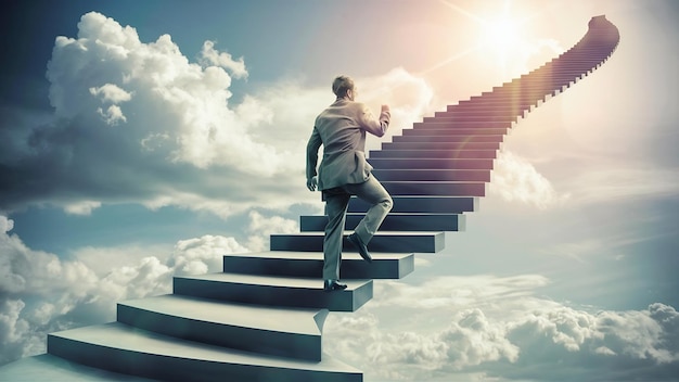 Hombre subiendo escaleras al cielo