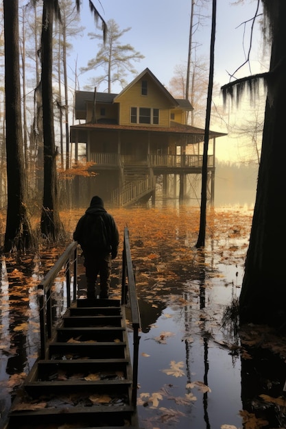 Un hombre subiendo unas escaleras hasta una casa en el pantano ai