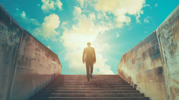 Hombre subiendo escaleras hacia el cielo