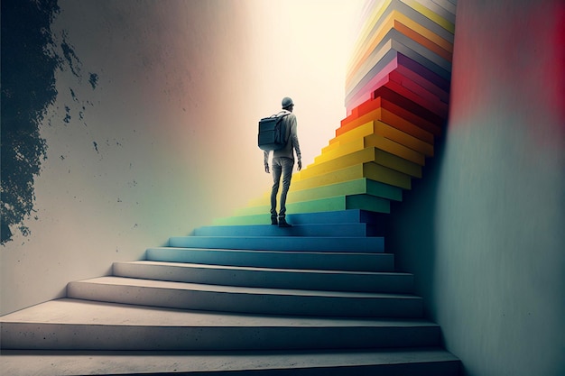 Hombre subiendo las escaleras de colores del arco iris