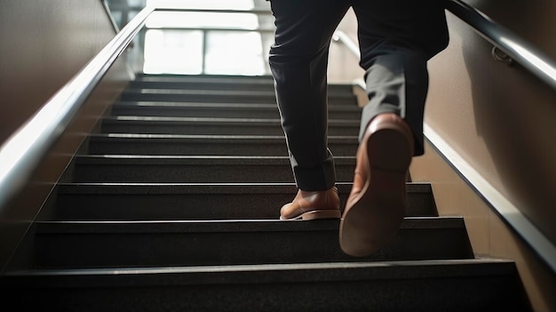 Un hombre subiendo un tramo de escaleras con el pie en la parte superior.