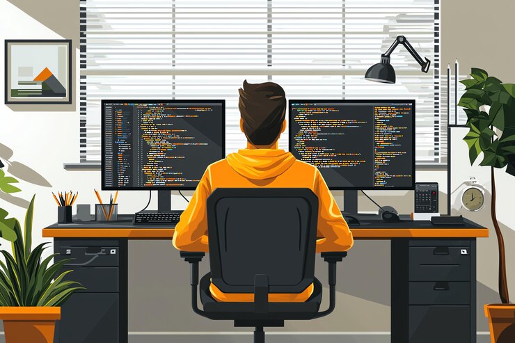 Foto un hombre con una sudadera amarilla se sienta en un escritorio de computadora con la palabra código en él