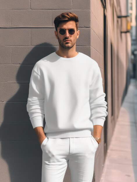 Hombre con sudadera blanca para el diseño de maqueta