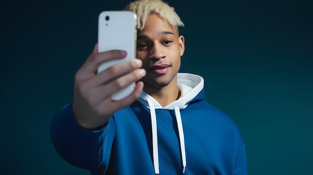 Un hombre con una sudadera con capucha azul sostiene un teléfono inteligente con el número 2 en la parte posterior.