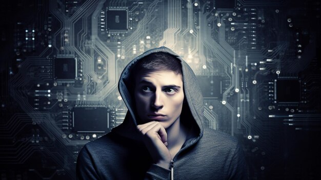 Un hombre con una sudadera con capucha se para frente a una placa de circuito con la palabra cibernético.