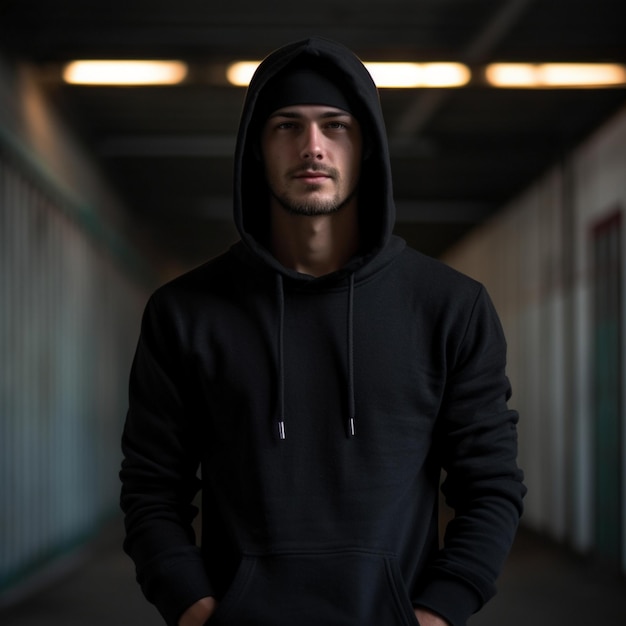 Foto un hombre con una sudadera con capucha negra se encuentra en un túnel.