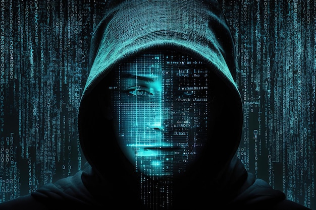 Un hombre con una sudadera con capucha con la palabra hacker en la pantalla