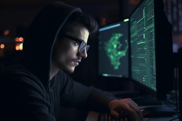 Un hombre con una sudadera con capucha se sienta frente a una computadora con una pantalla verde que dice ciberdelincuencia.