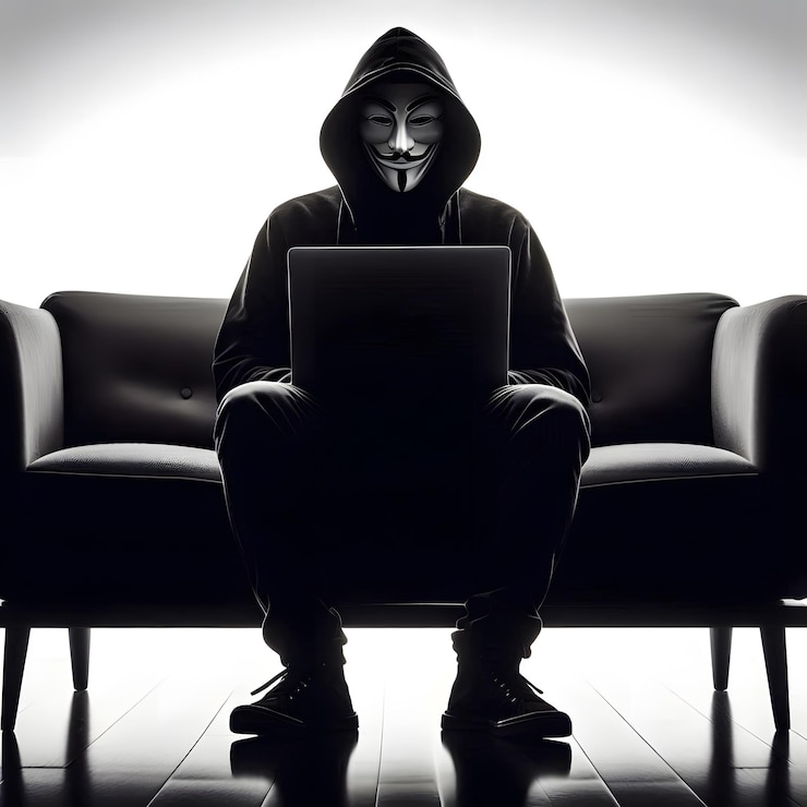 Foto un hombre con una sudadera con una computadora portátil en el regazo y las palabras "la máscara" en la pantalla