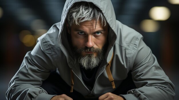 Un hombre con una sudadera de fitness gris practica el breakdance