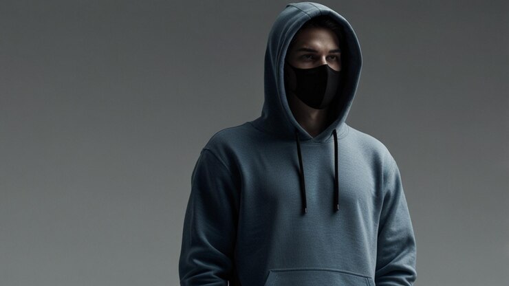 Foto un hombre con una sudadera gris con una máscara negra en la cara