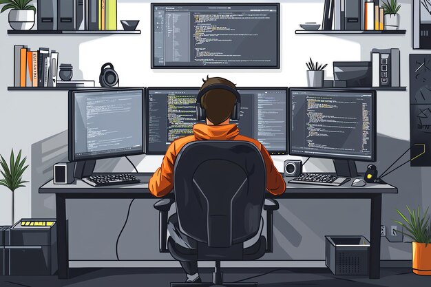 un hombre con una sudadera naranja se sienta frente a una computadora con el código de texto en él