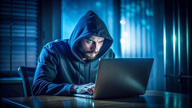 un hombre con una sudadera negra está mirando una computadora portátil