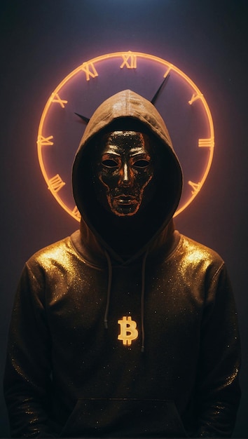 Foto un hombre con una sudadera negra con una moneda delante de él concepto de bitcoin