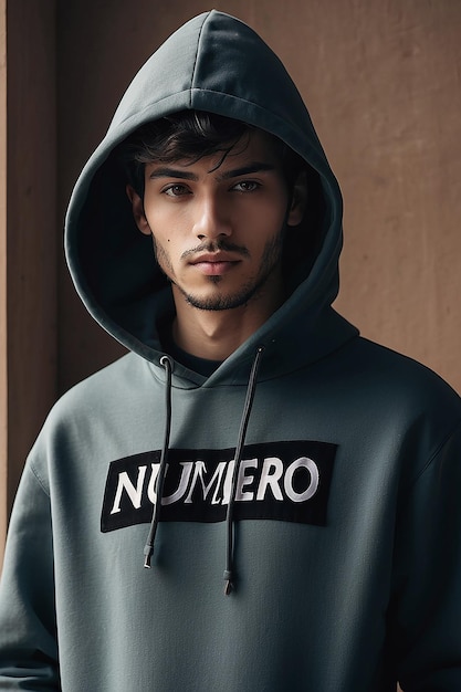 Foto un hombre con una sudadera con la palabra numero en ella