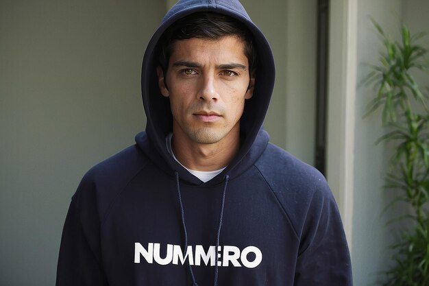 Foto un hombre con una sudadera con la palabra numero en ella