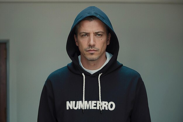 Foto un hombre con una sudadera con la palabra numero en ella