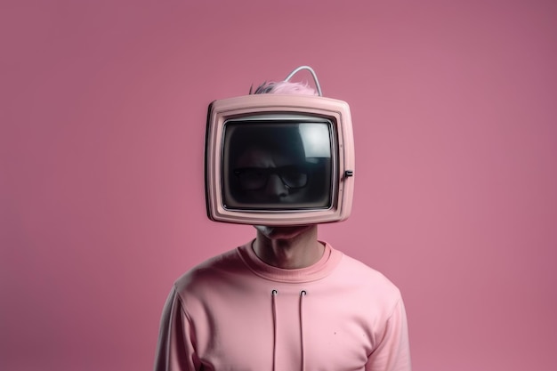 Un hombre con una sudadera rosa con una televisión en la cabeza IA generativa