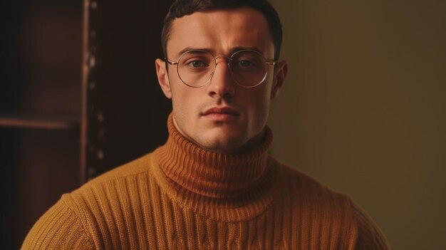 Un hombre con un suéter de cuello de tortuga marrón y gafas
