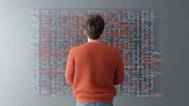 Un hombre con un suéter naranja está mirando una pantalla de computadora con muchos números y líneas concepto de confusión y complejidad mientras el hombre está tratando de dar sentido a los datos en la pantalla