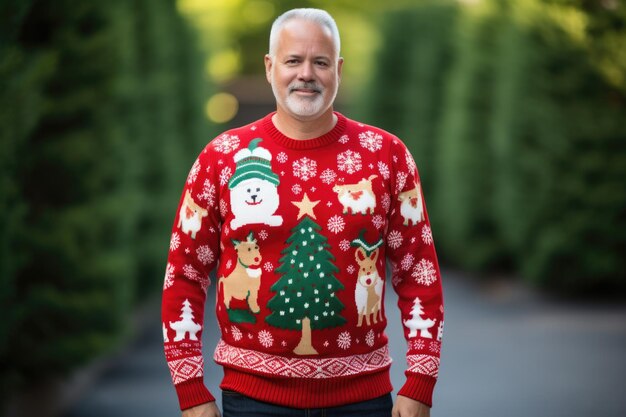 Hombre con un suéter navideño festivo al aire libre El concepto es alegría navideña y moda