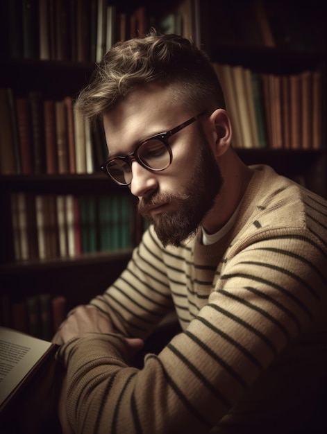 Un hombre con un suéter a rayas lee un libro en una biblioteca.