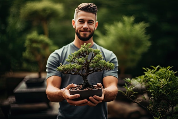 Hombre sujetando un árbol bonsái