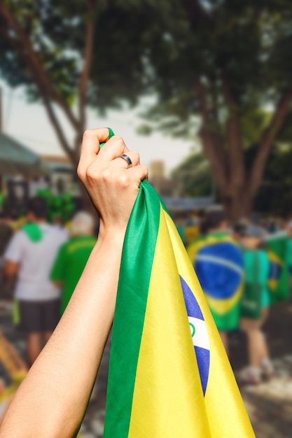 Hombre sujetando la bandera en una manifestación callejera en Brasil.