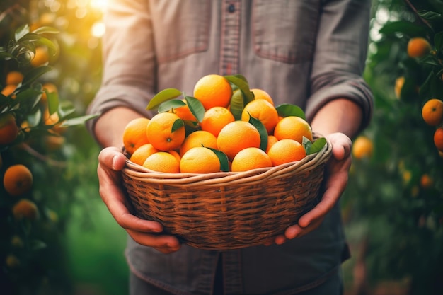 Hombre sujetando una cesta llena de naranjas maduras en un primer plano de la vista frontal del jardín IA generativa