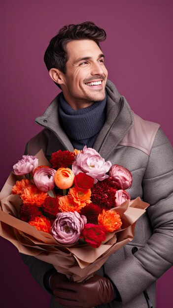 Hombre sujetando floristería ramo de flores en invierno