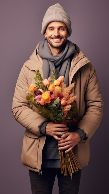 Hombre sujetando floristería ramo de flores en invierno