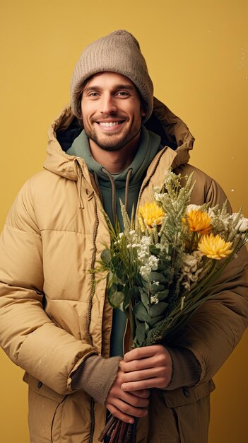 Hombre sujetando floristería ramo de flores en invierno