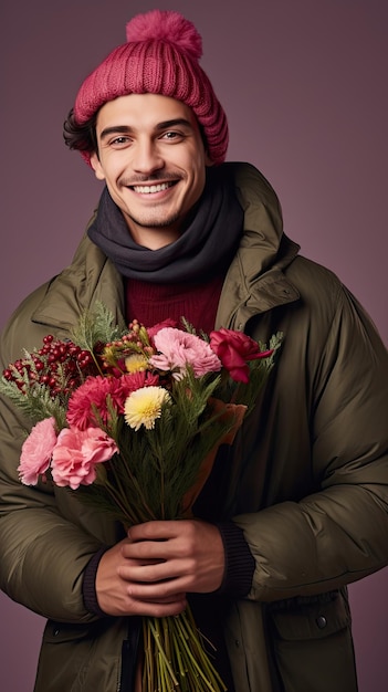 Hombre sujetando floristería ramo de flores en invierno