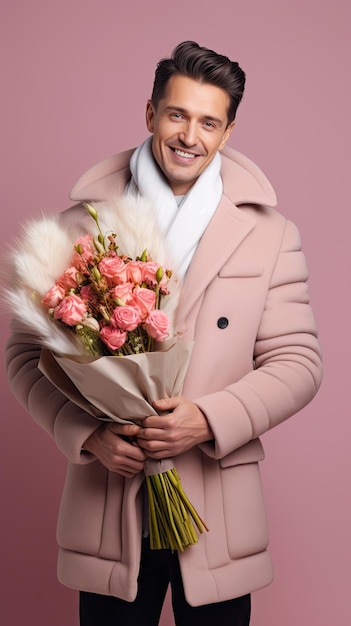 Hombre sujetando floristería ramo de flores en invierno